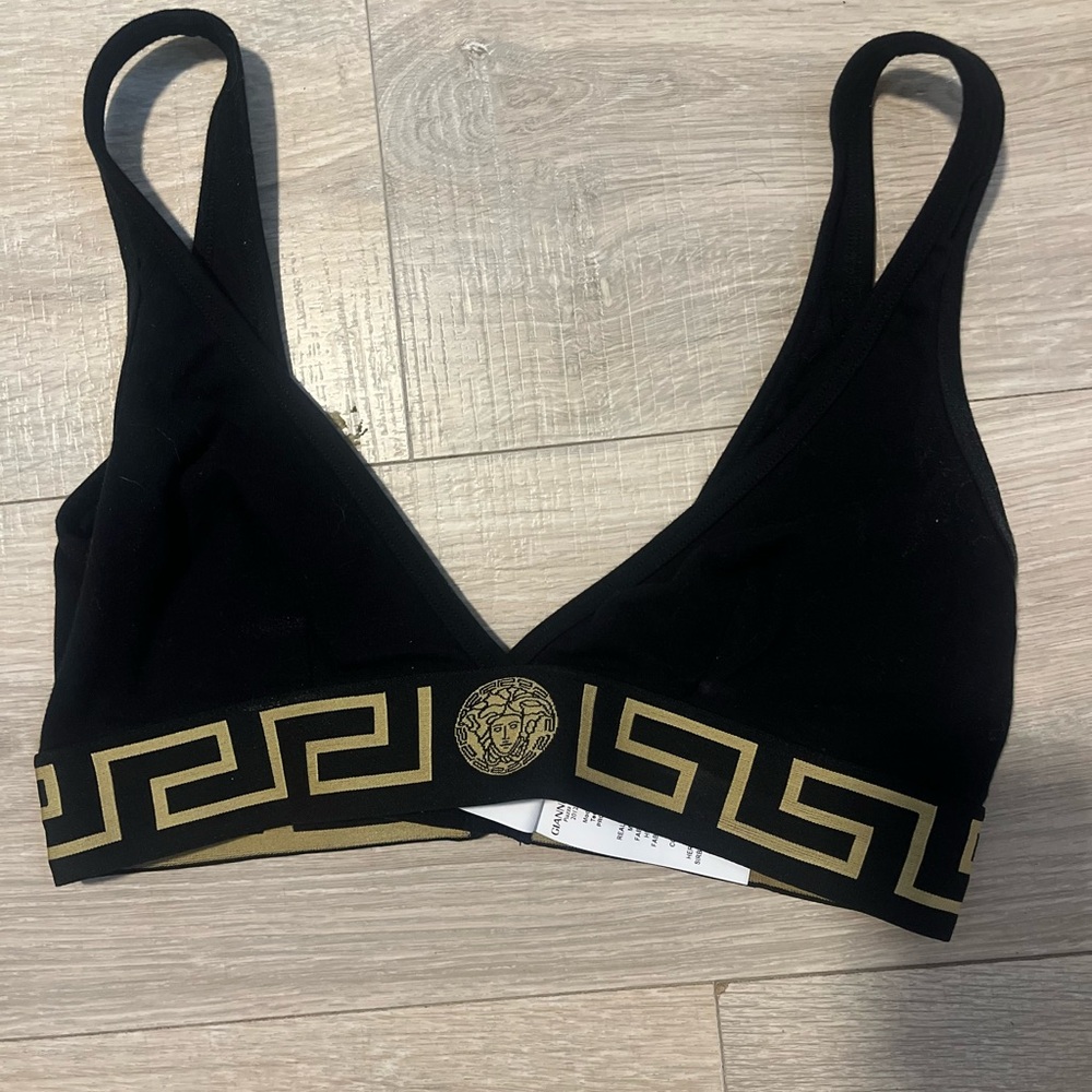 Versace Black and Gold triangle Bralette with logo border brand NEW, never worn